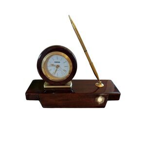 Vintage Timedesign Executive Desk Clock Pen Set Quartz Wood Base WORKS Needs Ink